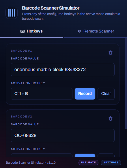 Barcode Scanner Simulator extension popup showing barcode mappings and recorded hotkeys