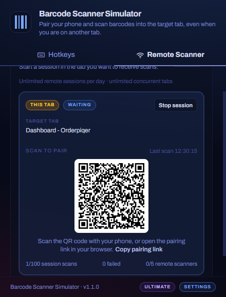 Barcode Scanner Simulator extension popup showing Remote scanner mode with QR pairing code and session status